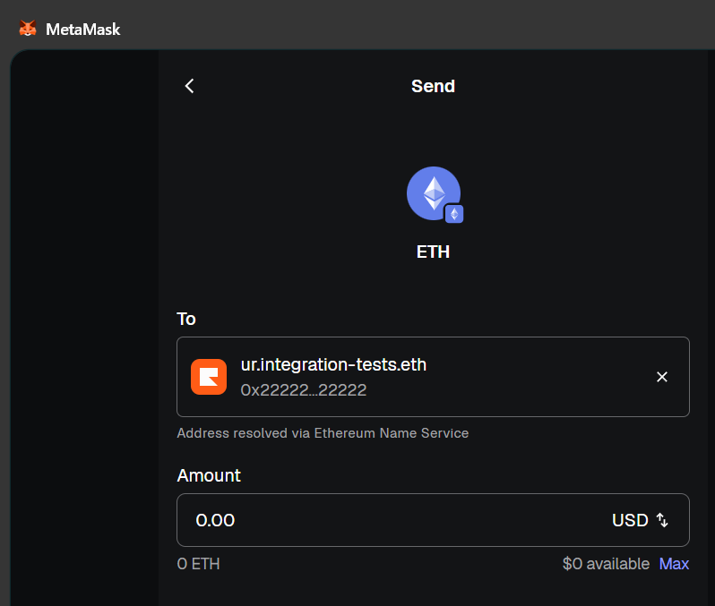 MetaMask Wallet correctly resolves the name for ENSv2