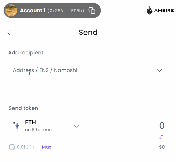 Ambire Wallet correctly resolves the address for vitalik.eth